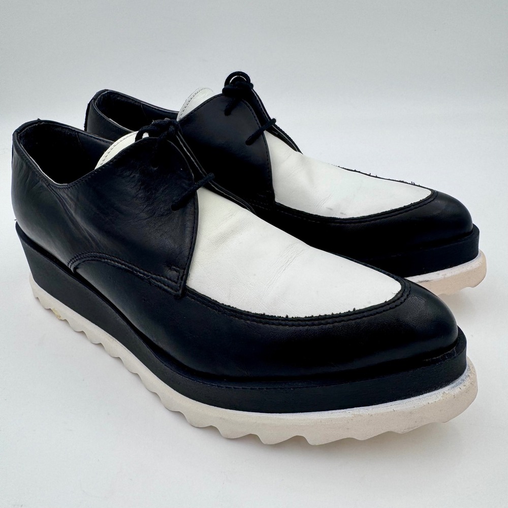 Piampiani Handmade Italian Black White Leather Platform Oxfords Shoes Women 38